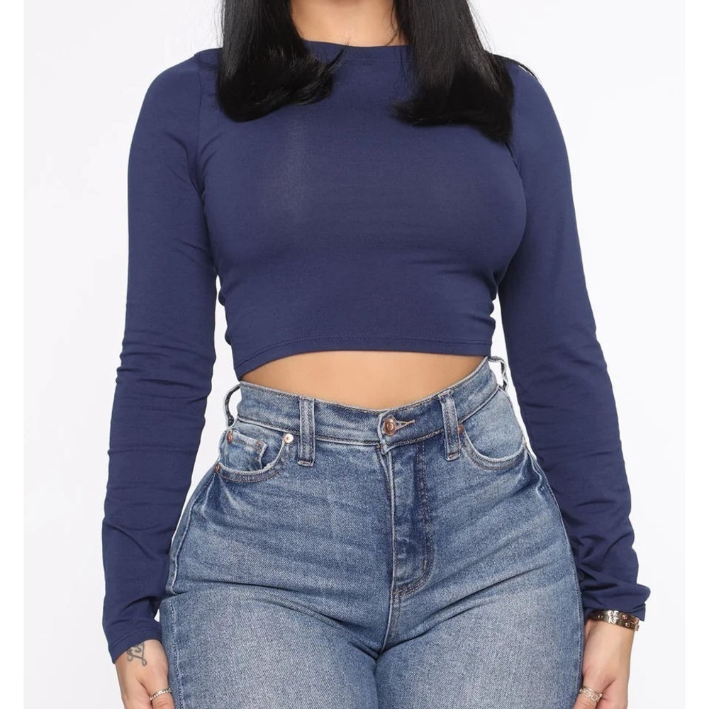 Fashion Nova Women's Robin Long Sleeve Crop‎ Top - Navy Blue - Large